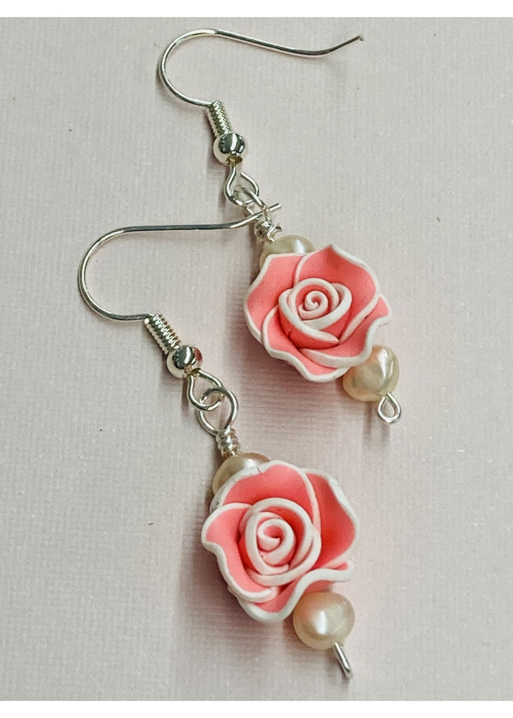 E023 Pink and White Polymer Clay Rose with Freshwater Pearl Earrings - My  New Favorite Thing Decor