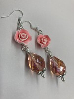 Our Twisted Dahlia E026 Pink and White Roses with Pink Teardrop Crystals and Silver Accent Earrings