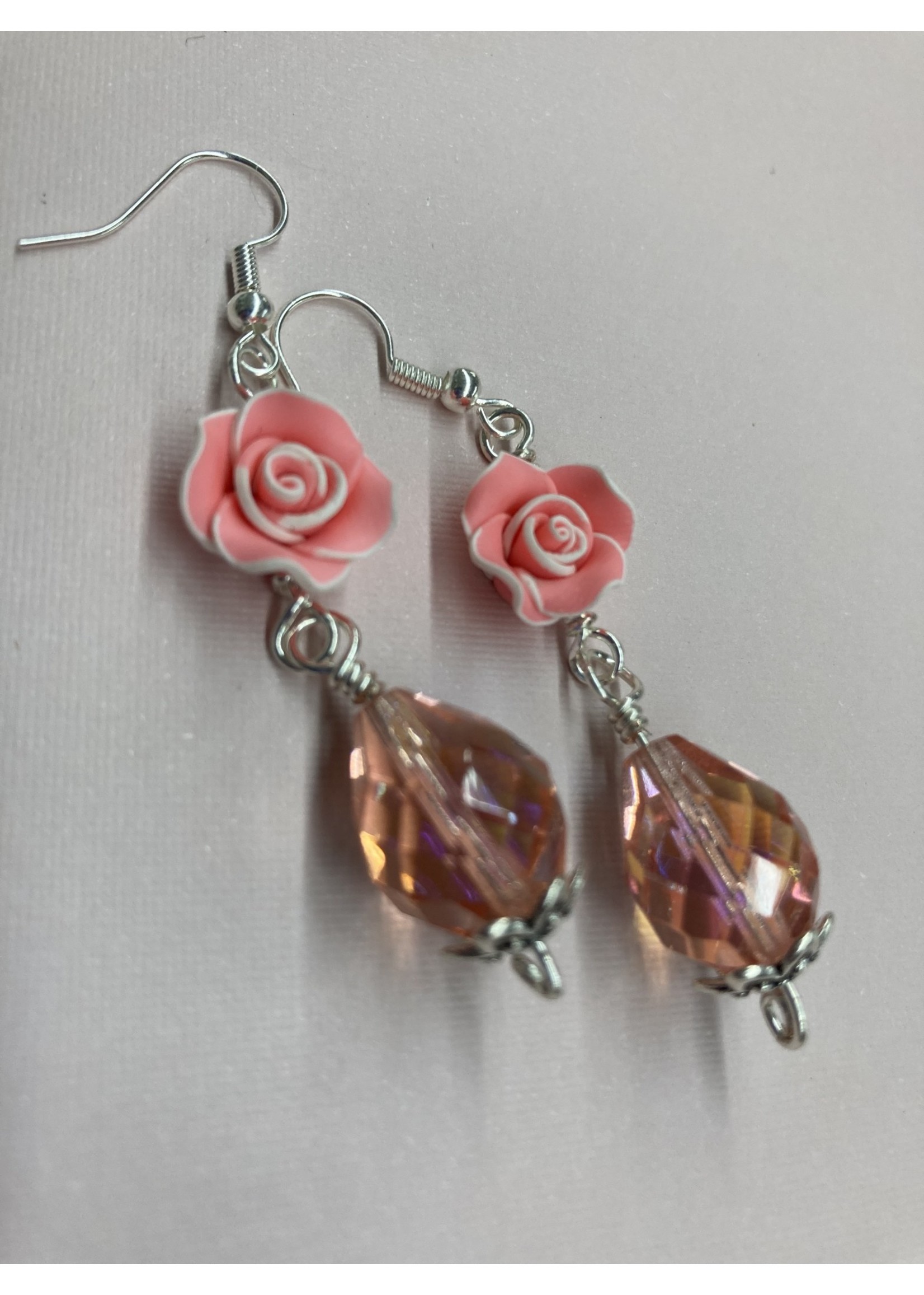 Our Twisted Dahlia E026 Pink and White Roses with Pink Teardrop Crystals and Silver Accent Earrings