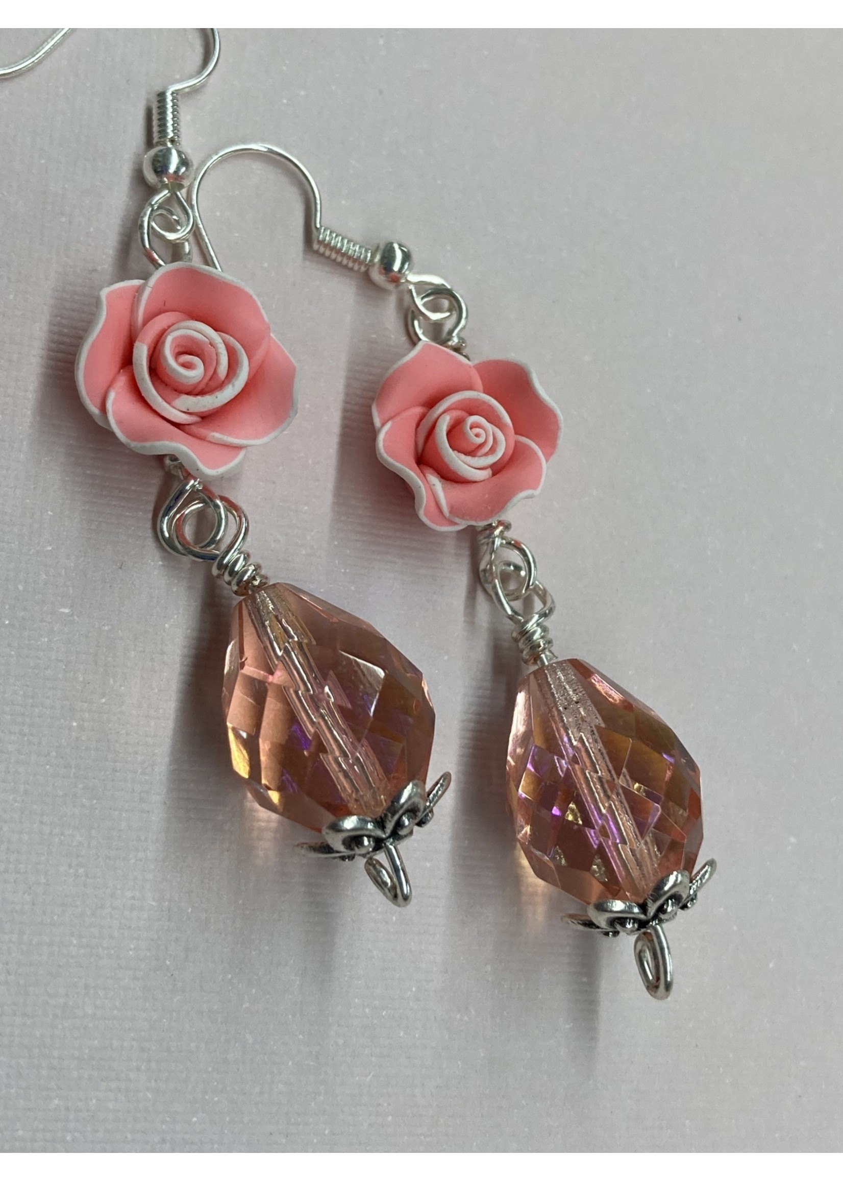 Our Twisted Dahlia E026 Pink and White Roses with Pink Teardrop Crystals and Silver Accent Earrings