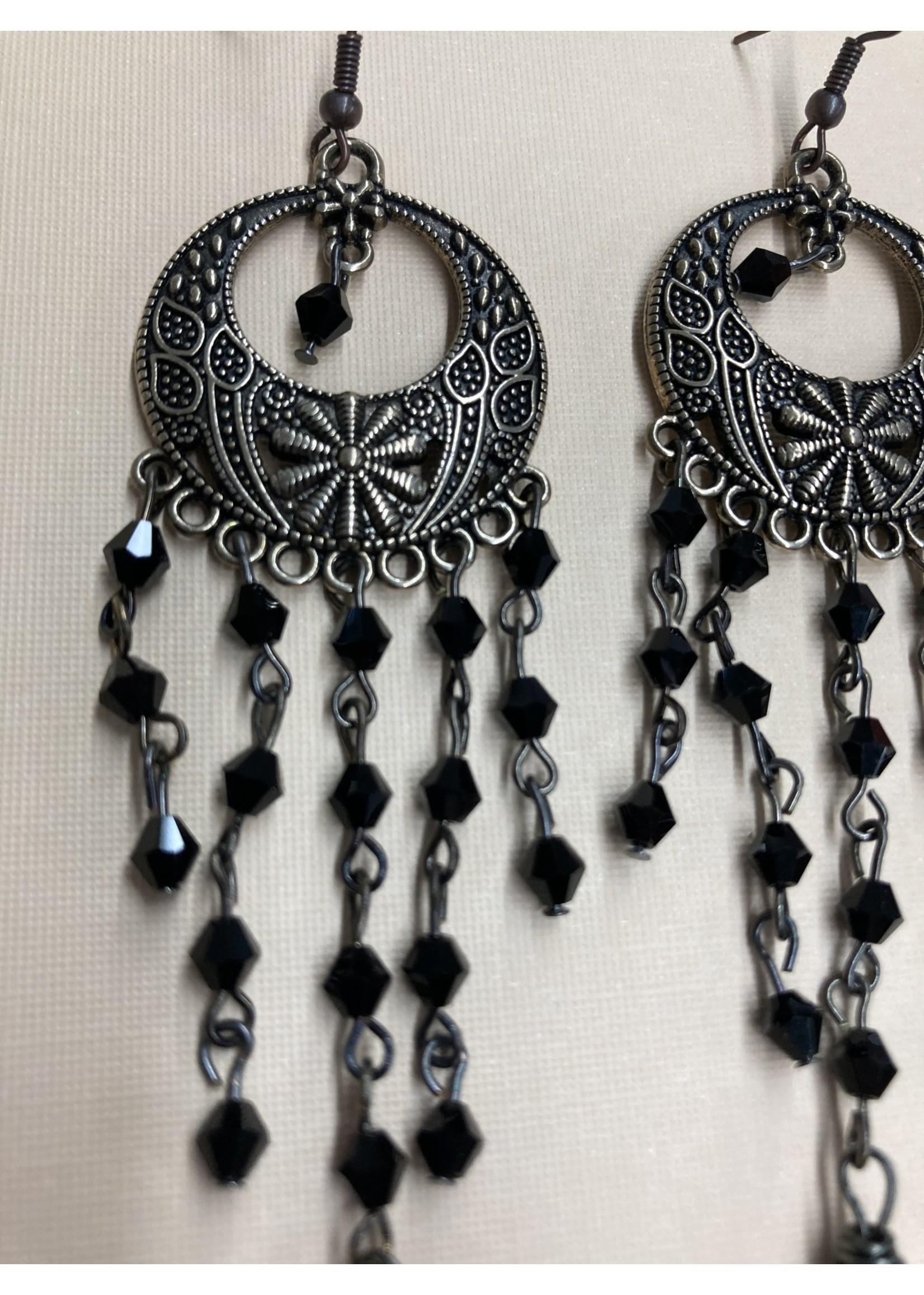 Our Twisted Dahlia E027 Filigree Metal Chandelier with Black Crystal Earrings