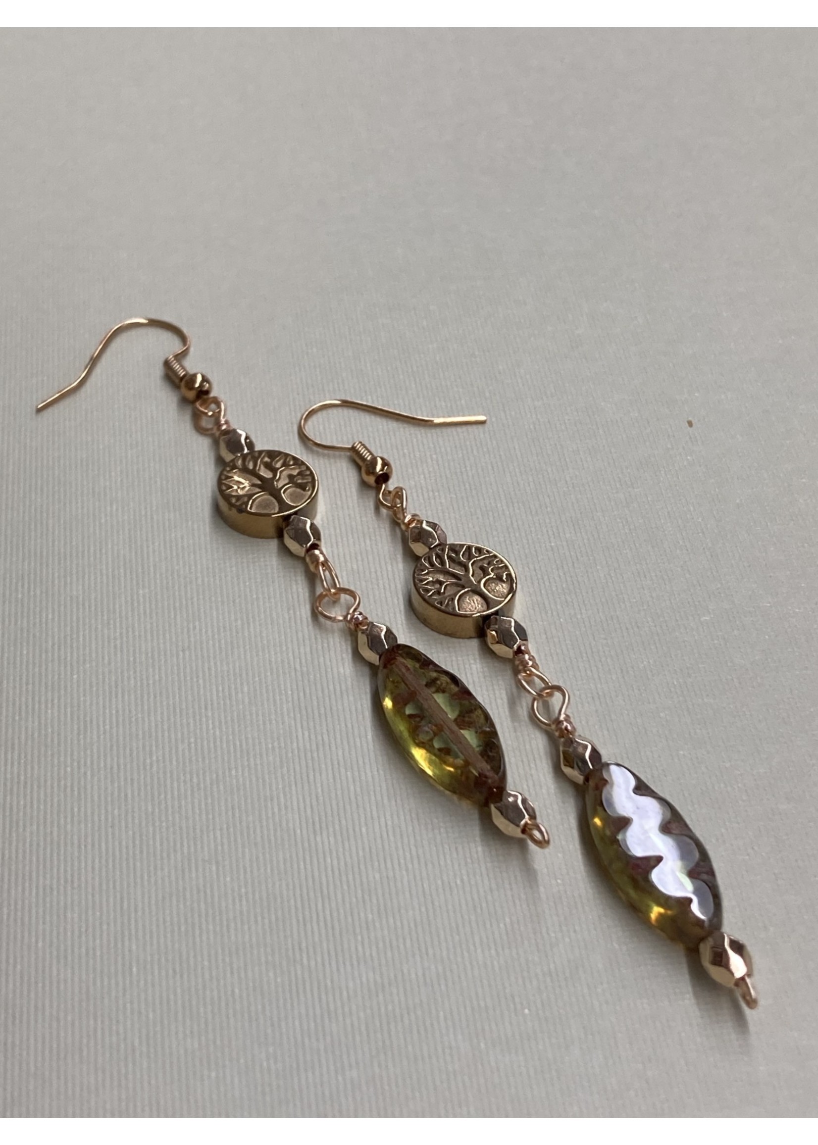Our Twisted Dahlia E028 Gold Tree Of Life Bead with Celadon Green Czech Glass Earrings