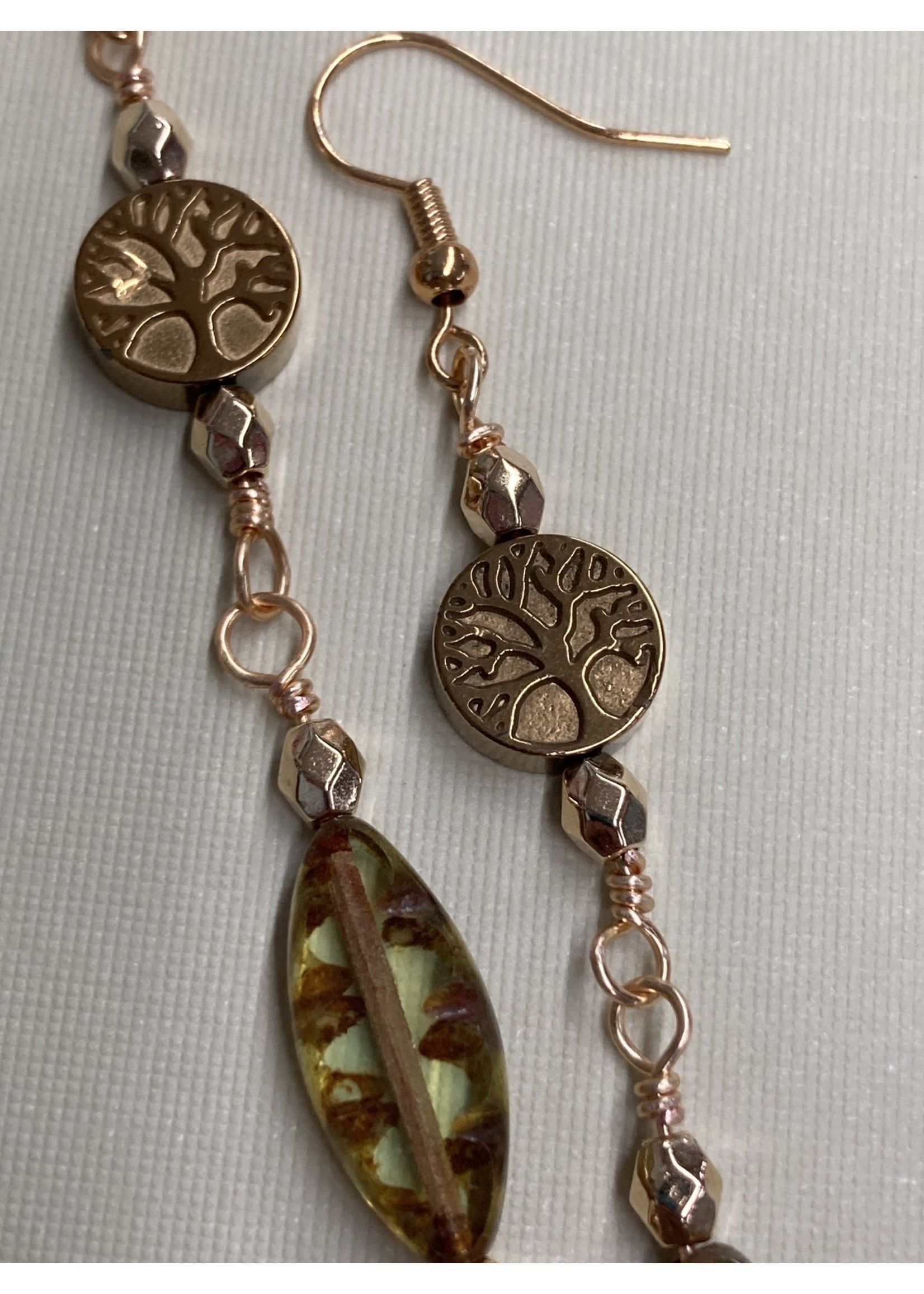 Our Twisted Dahlia E028 Gold Tree Of Life Bead with Celadon Green Czech Glass Earrings