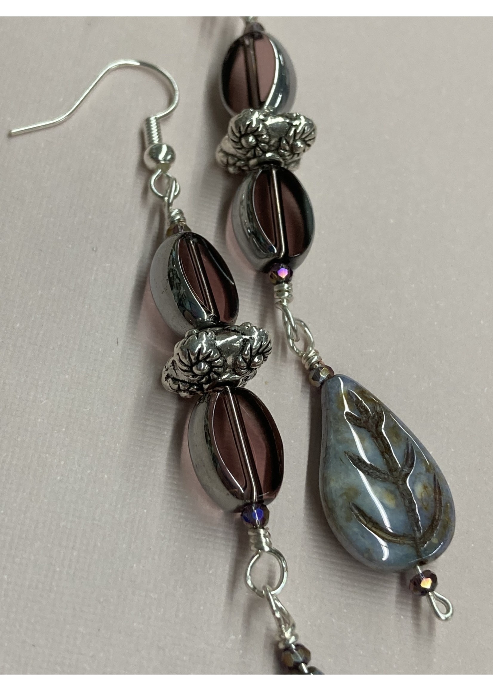 Our Twisted Dahlia E031 Lavender Glass Bead with Silver Accent and Czech Glass Leaf Earrings