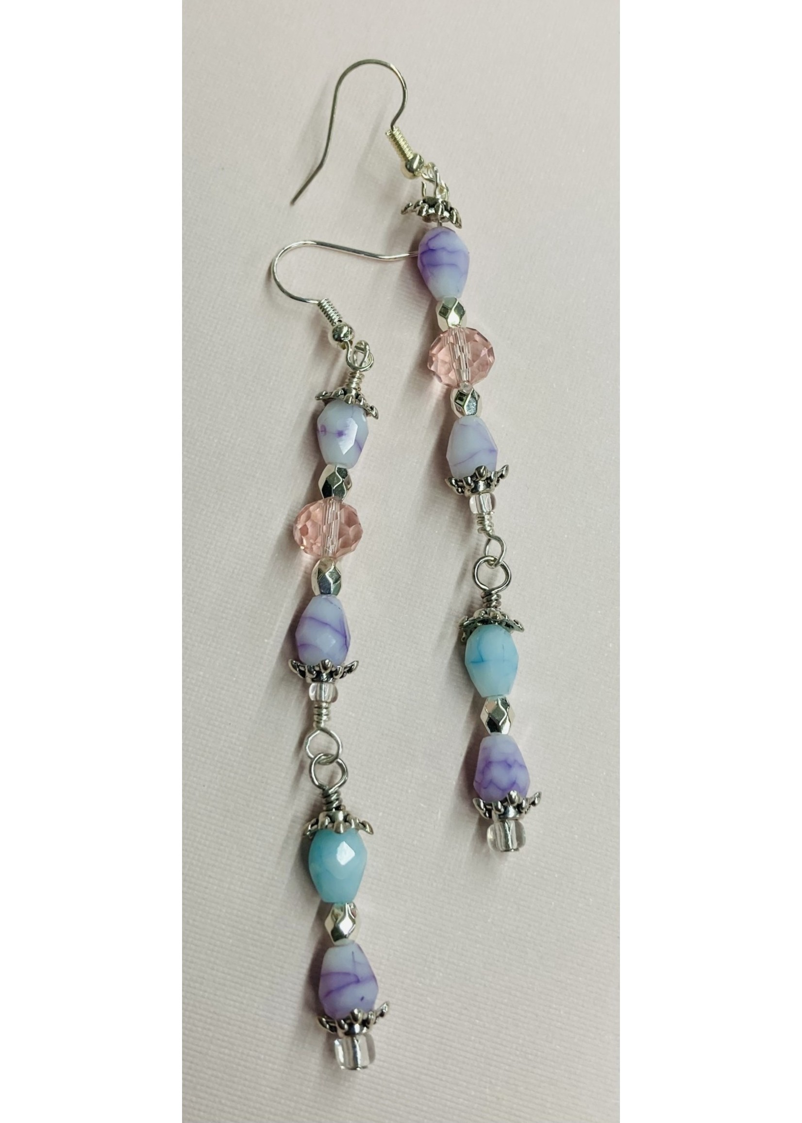 Our Twisted Dahlia E033 Pink Crystal, Baby Blue and Lavender Bead Earrings