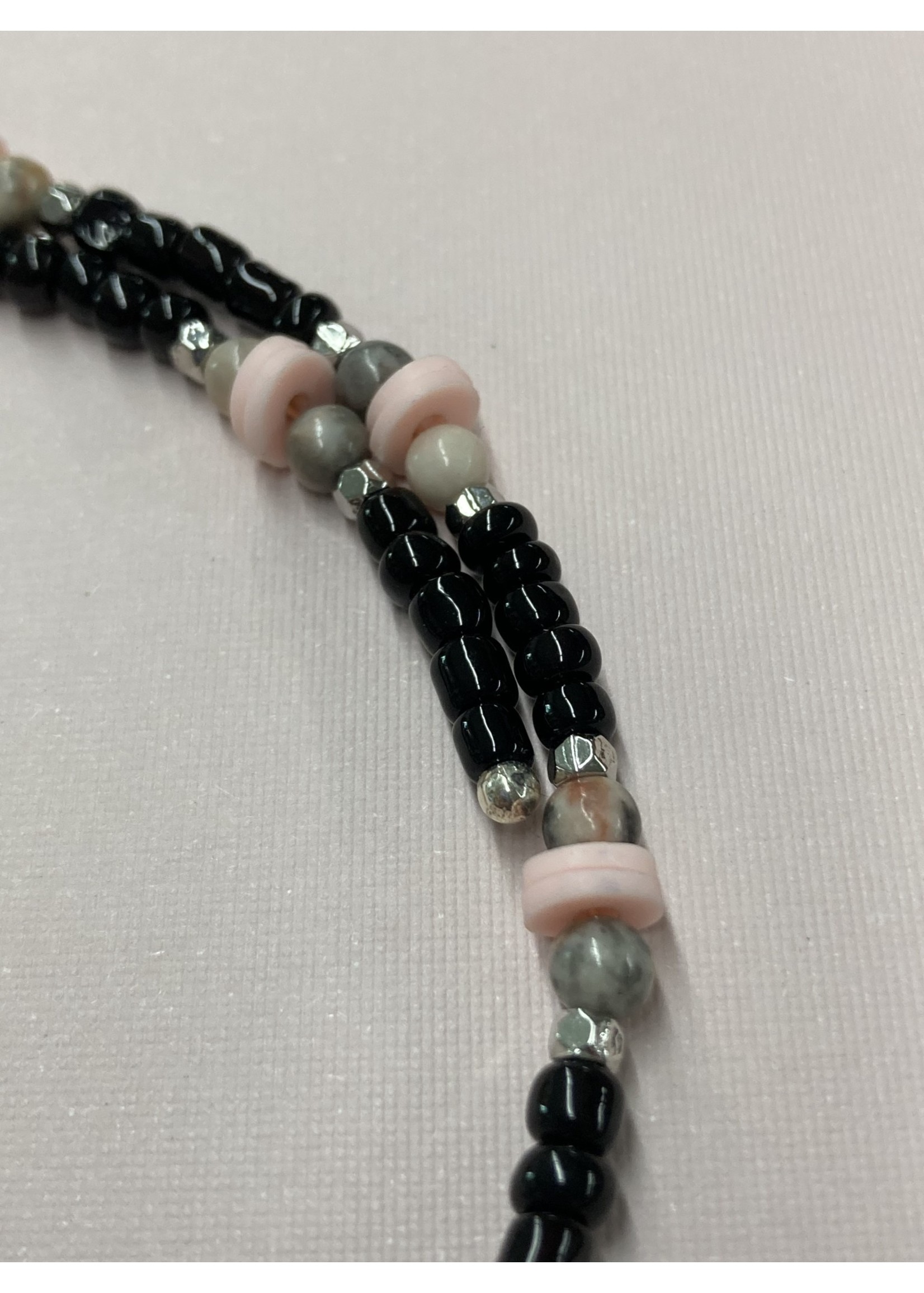 Our Twisted Dahlia Ch002 Black, Silver Beads with Pink Zebra Jasper and Heishi Bead Choker