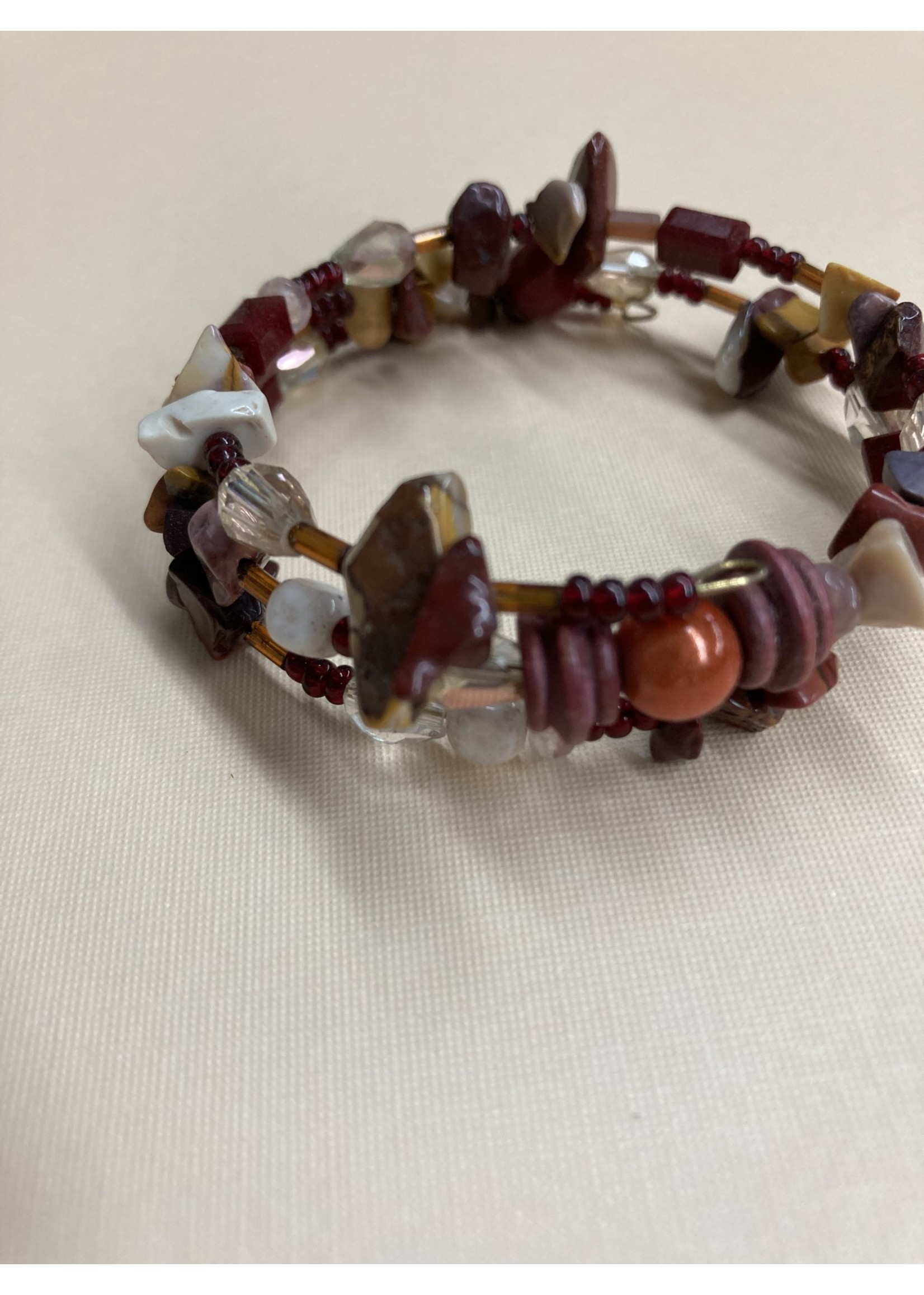 Our Twisted Dahlia MWB004 Mixed Gemstones and Glass Beads in the Burgundies Memory Wire Bracelet