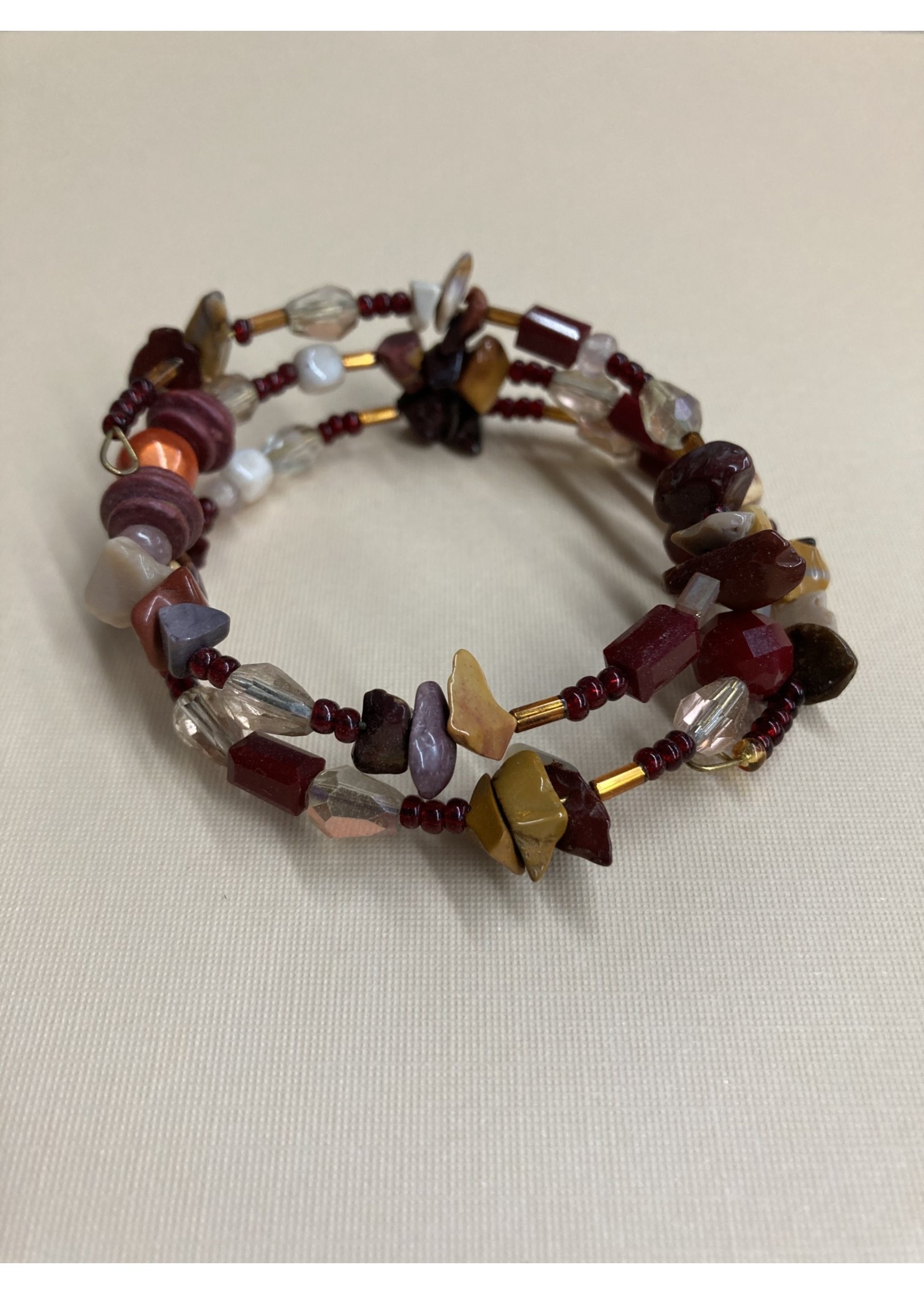 Our Twisted Dahlia MWB004 Mixed Gemstones and Glass Beads in the Burgundies Memory Wire Bracelet