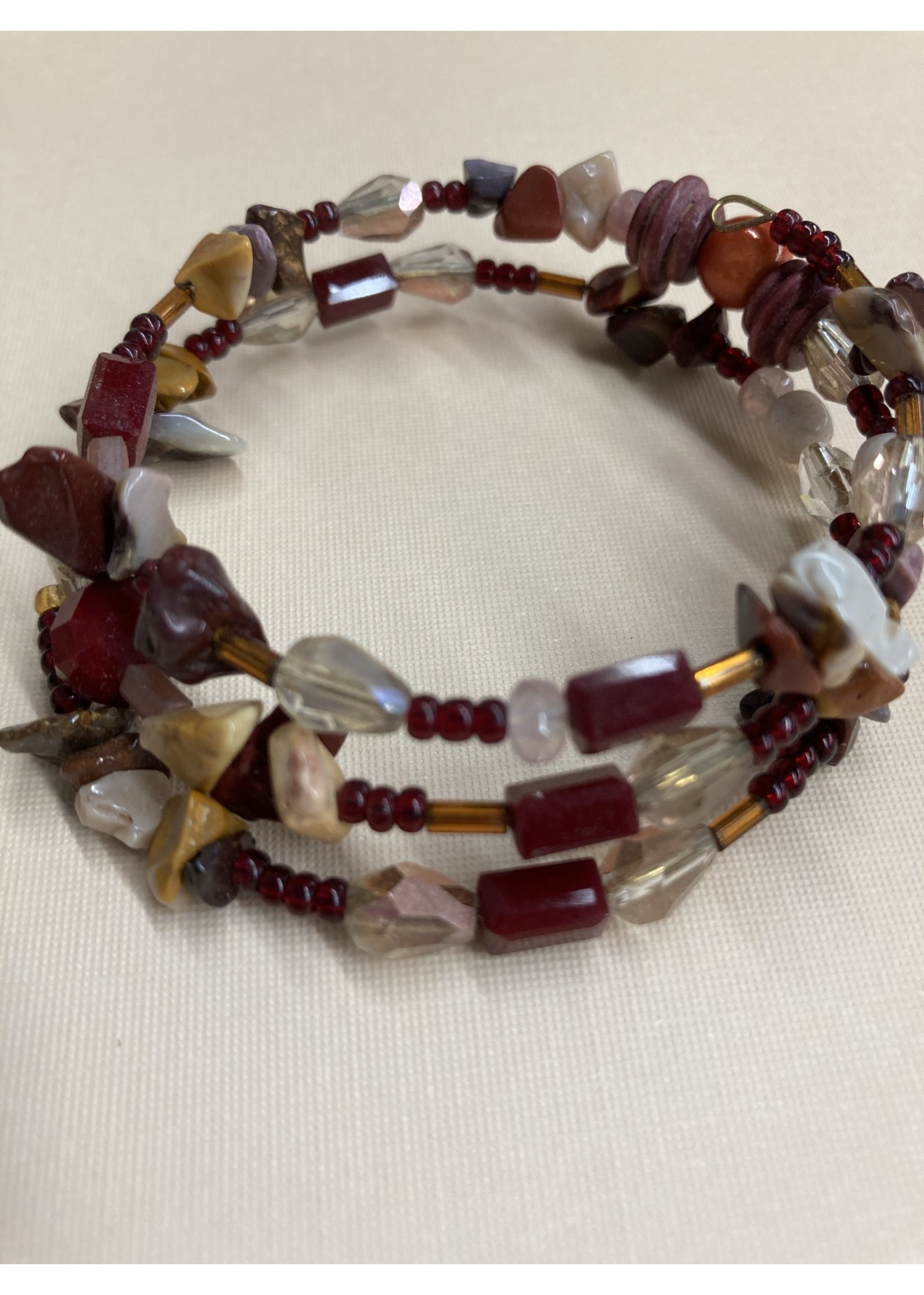 Our Twisted Dahlia MWB004 Mixed Gemstones and Glass Beads in the Burgundies Memory Wire Bracelet