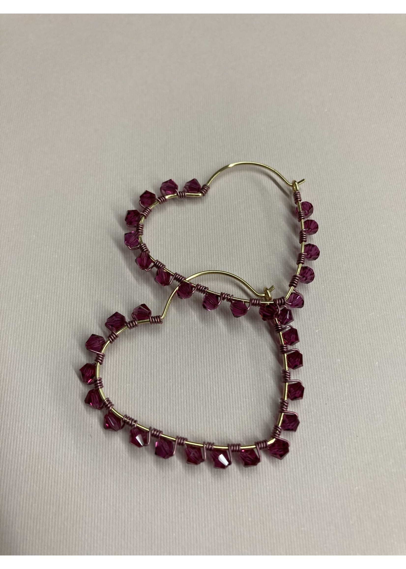 Our Twisted Dahlia E042 Heart Shaped Wire with Red Crystals Wire Wrapped Earring