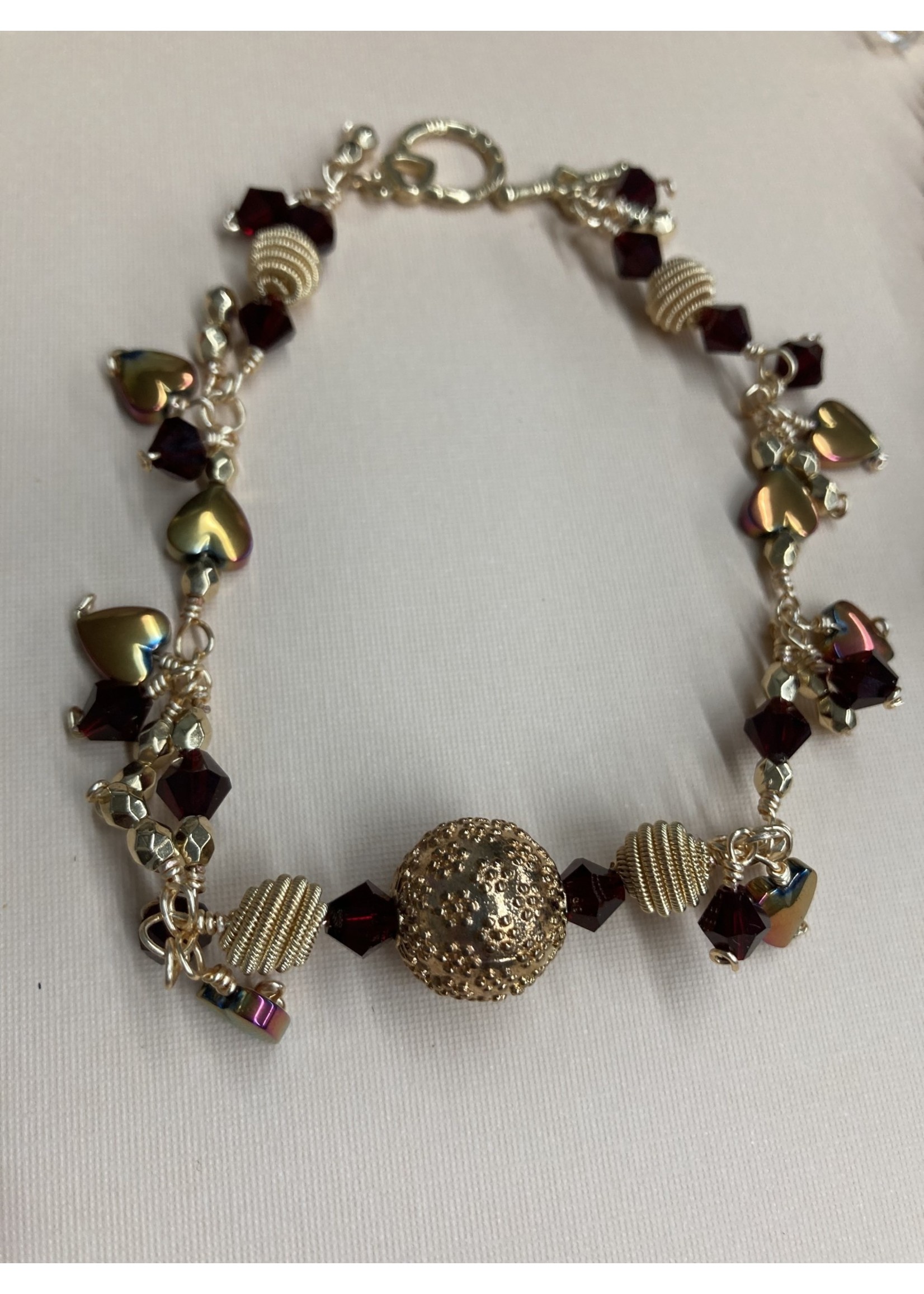 Our Twisted Dahlia BES101 Burgundy Crystals Gold Spiral Beads and Iridescent Metallic Hearts Earrings and Bracelet