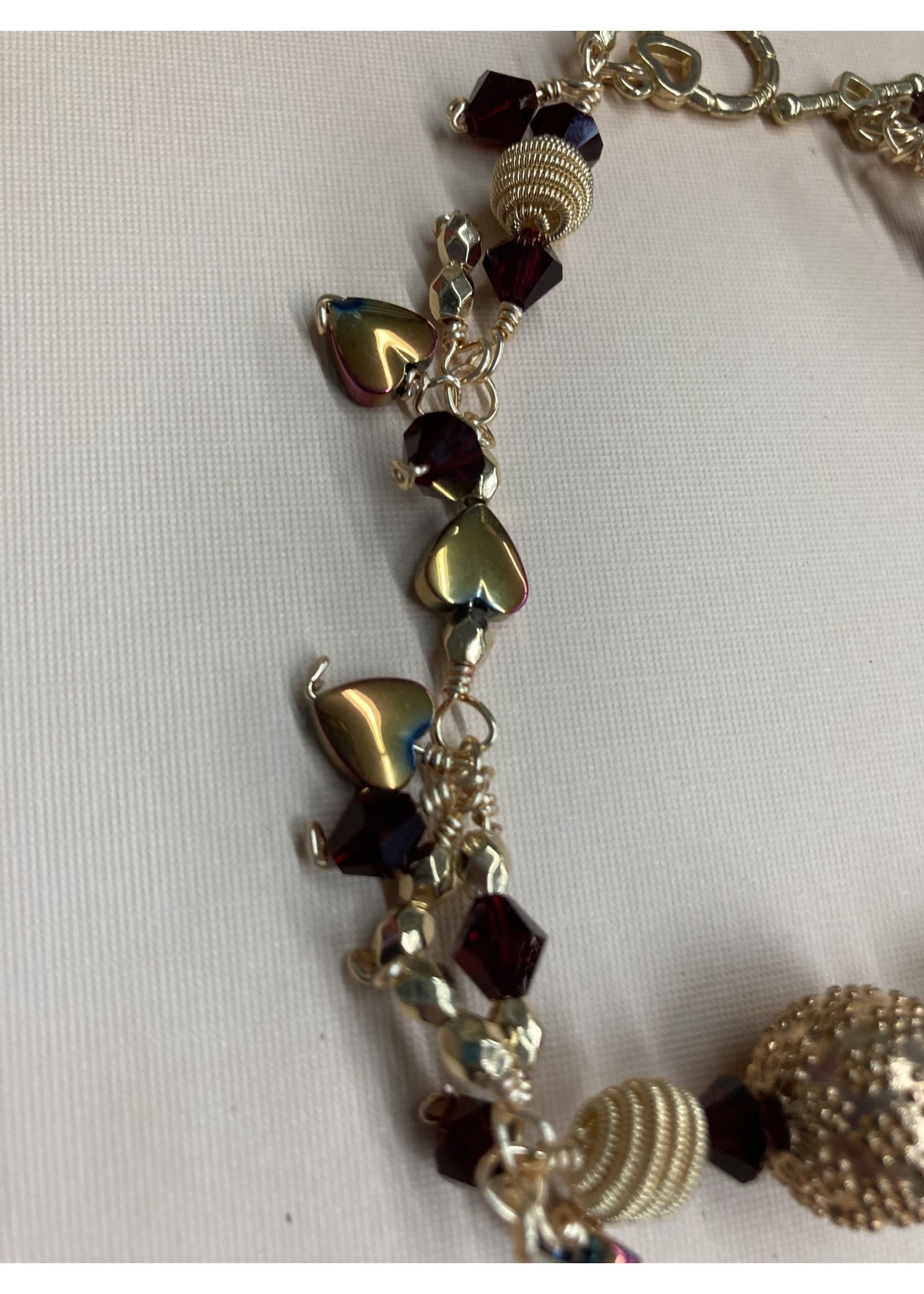 Our Twisted Dahlia BES101 Burgundy Crystals Gold Spiral Beads and Iridescent Metallic Hearts Earrings and Bracelet