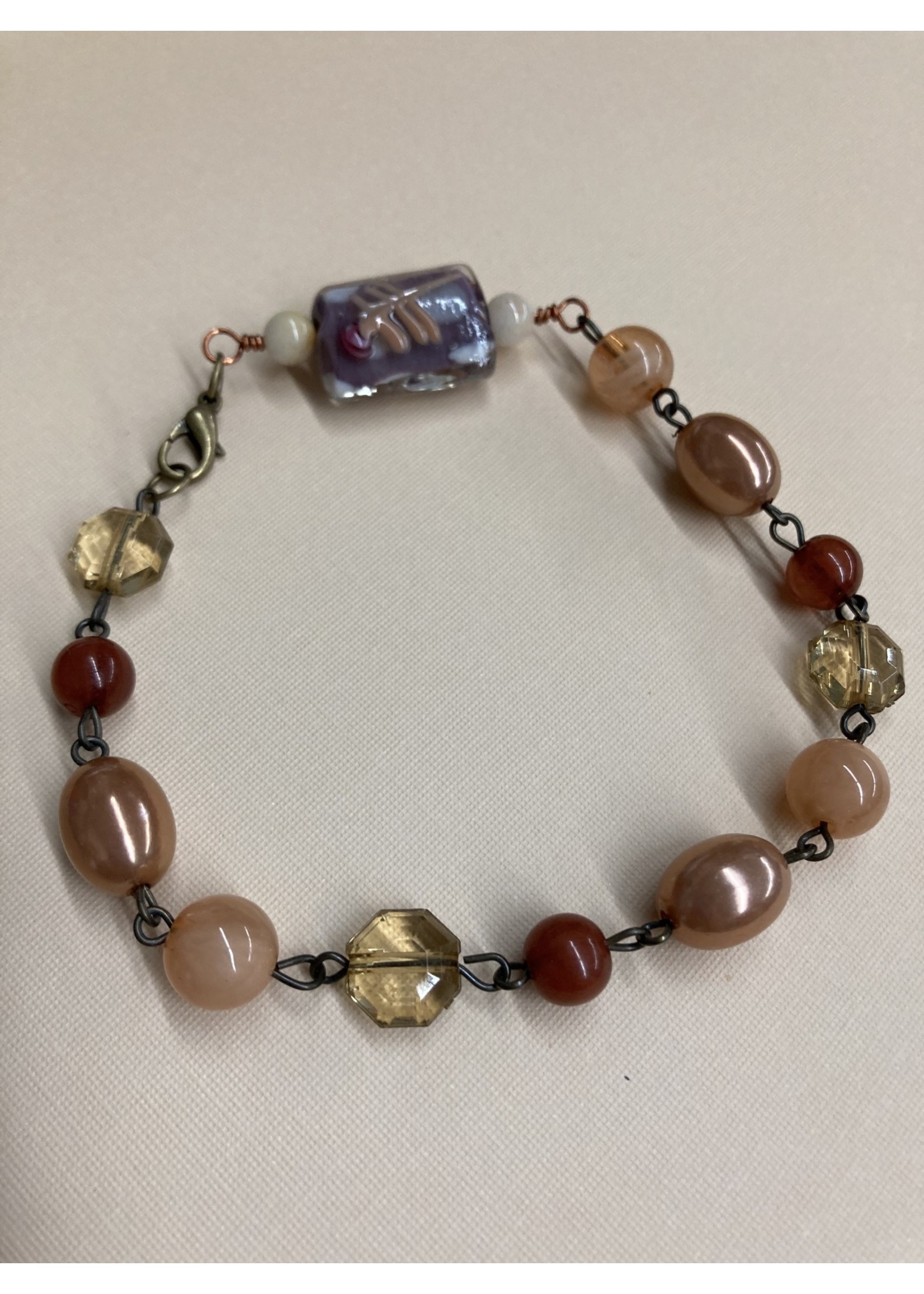 Our Twisted Dahlia B010 Amber, Tan, and Lampworked Focal Bracelet