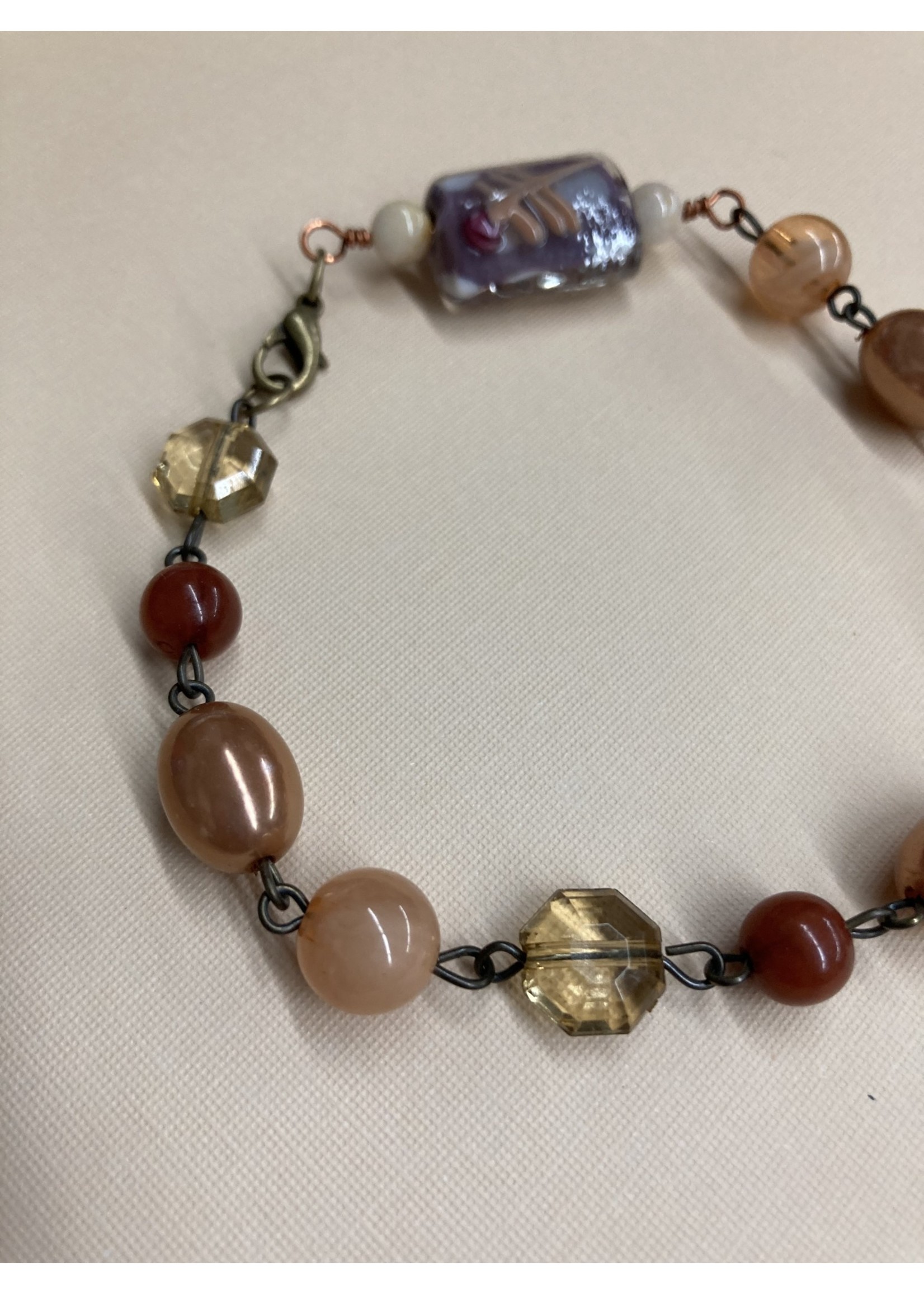 Our Twisted Dahlia B010 Amber, Tan, and Lampworked Focal Bracelet