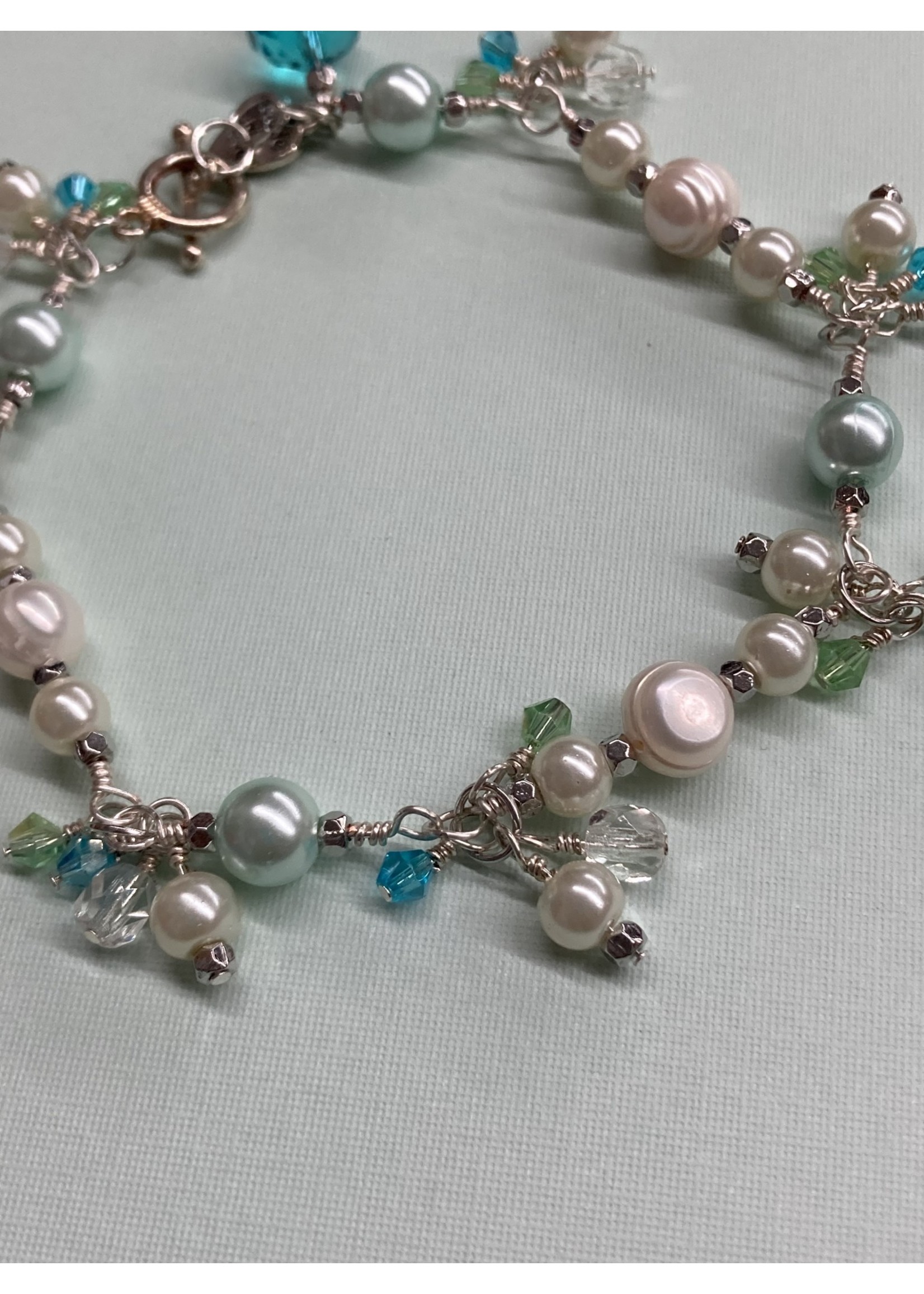 Our Twisted Dahlia B009 Freshwater Pearls with Shades O Turquoise Crystal Bracelet with Silver Wire