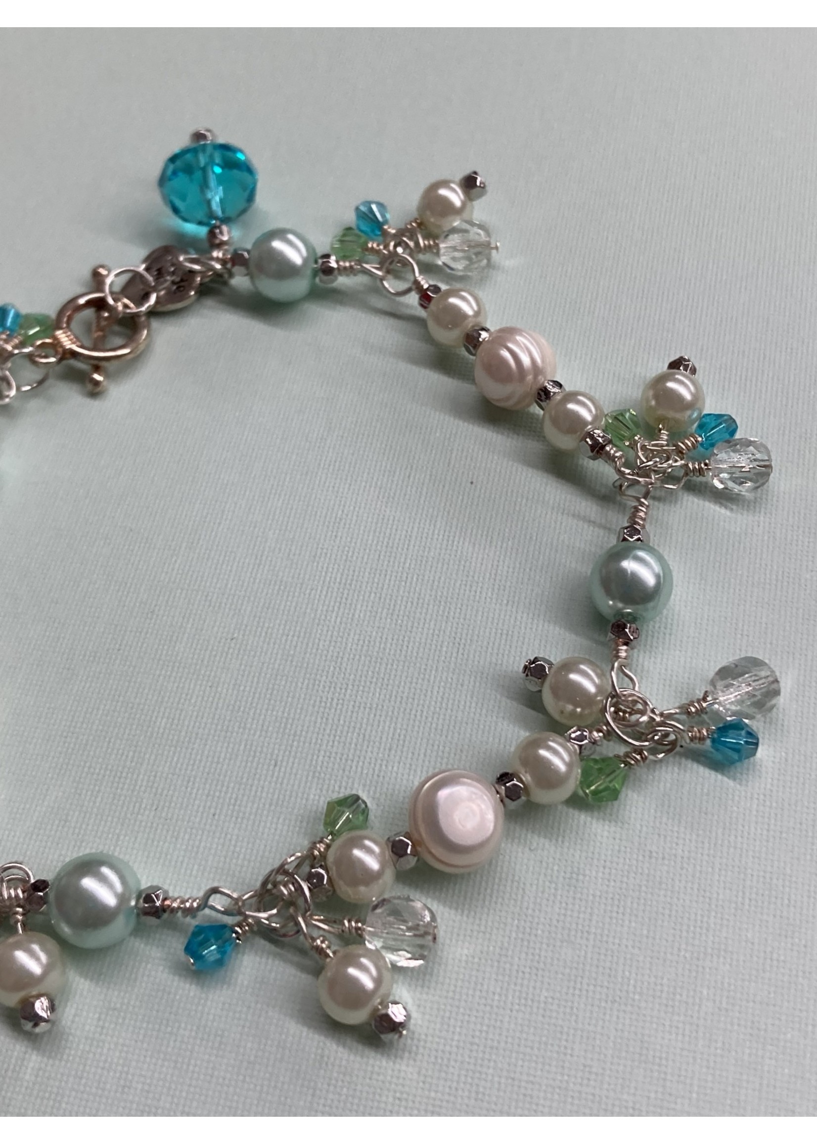 Our Twisted Dahlia B009 Freshwater Pearls with Shades O Turquoise Crystal Bracelet with Silver Wire