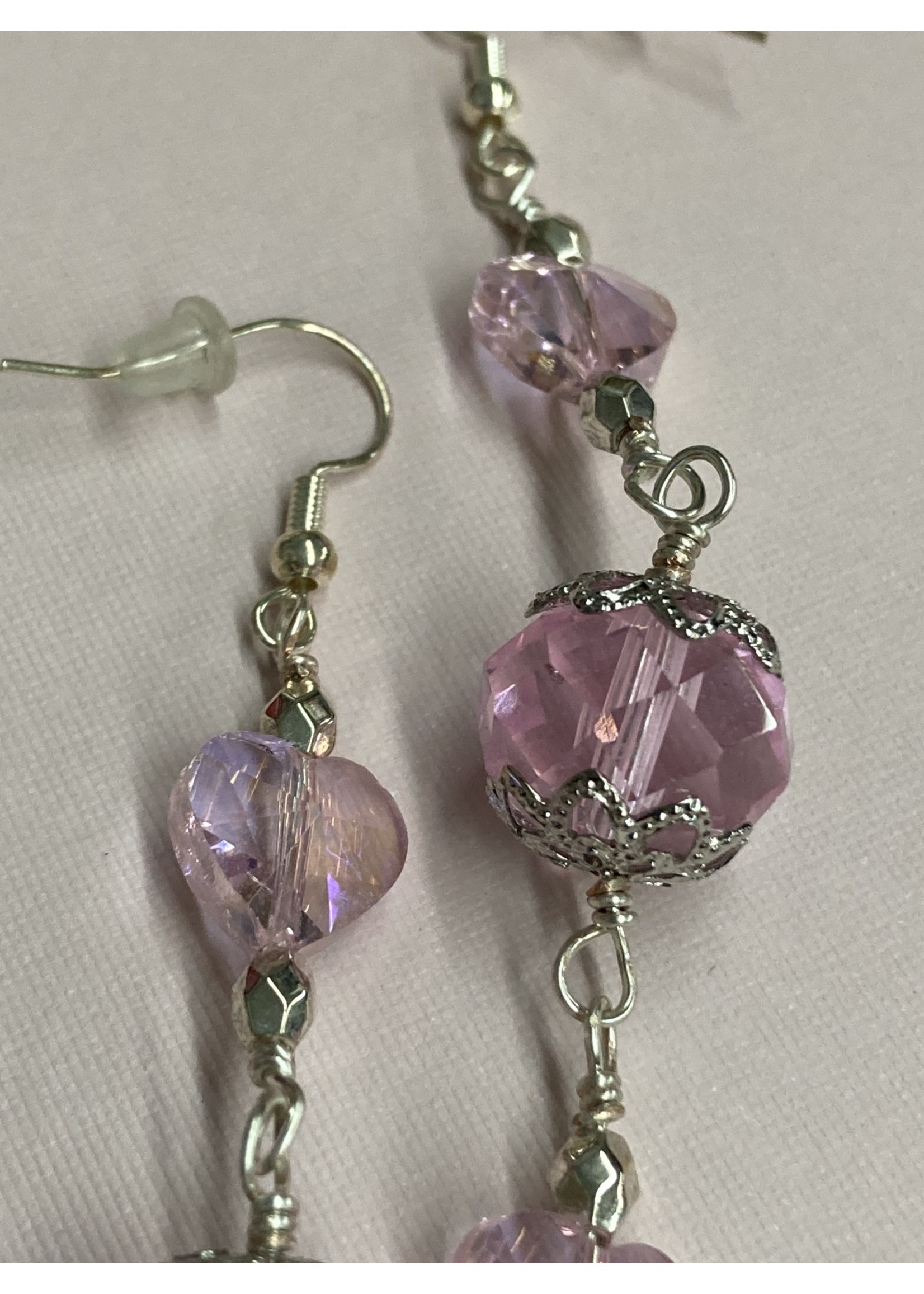 Our Twisted Dahlia E035 Pink Crystal Hearts and Bead Earrings in Silver