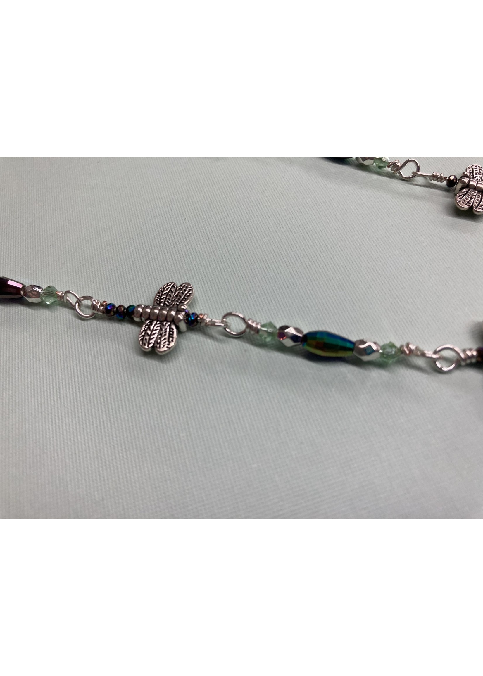 Our Twisted Dahlia N222 Dragonfly Beads in Silver, Iridescent Metallic Crystals and Silver Wire Necklace