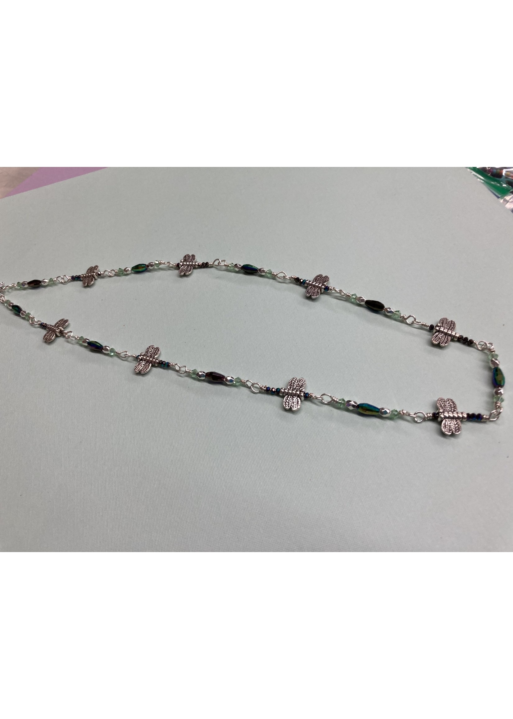 Our Twisted Dahlia N222 Dragonfly Beads in Silver, Iridescent Metallic Crystals and Silver Wire Necklace