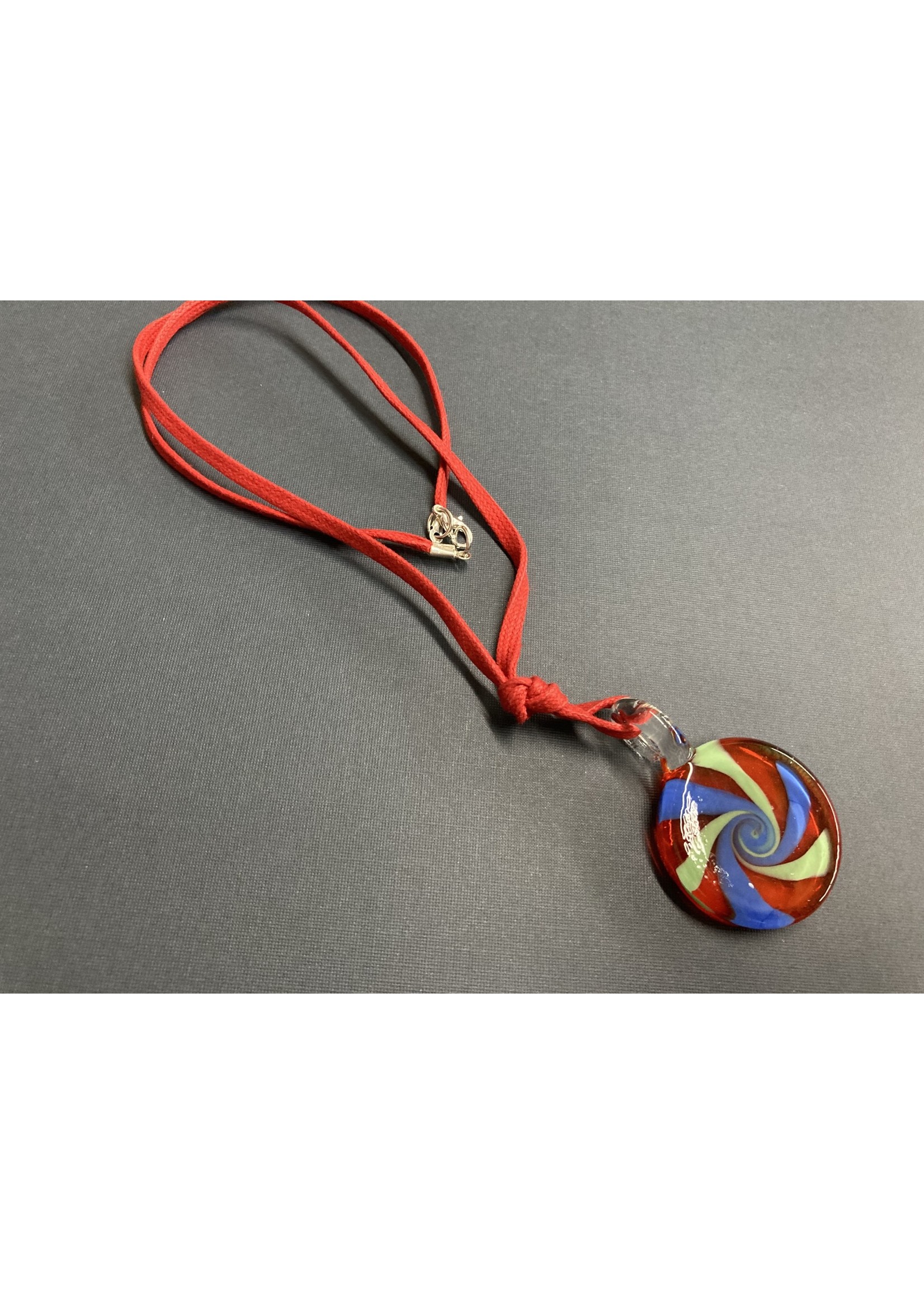 Our Twisted Dahlia N216 Handmade Glass Pendant in Red with Woven Necklace