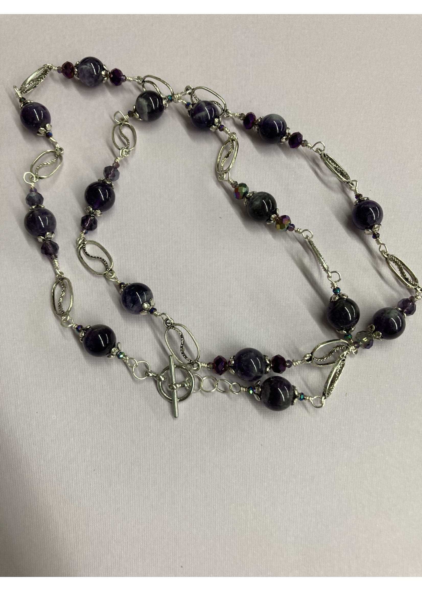 Our Twisted Dahlia N212 Amethyst Beads with Purple Crystals and Silver Accent Necklace