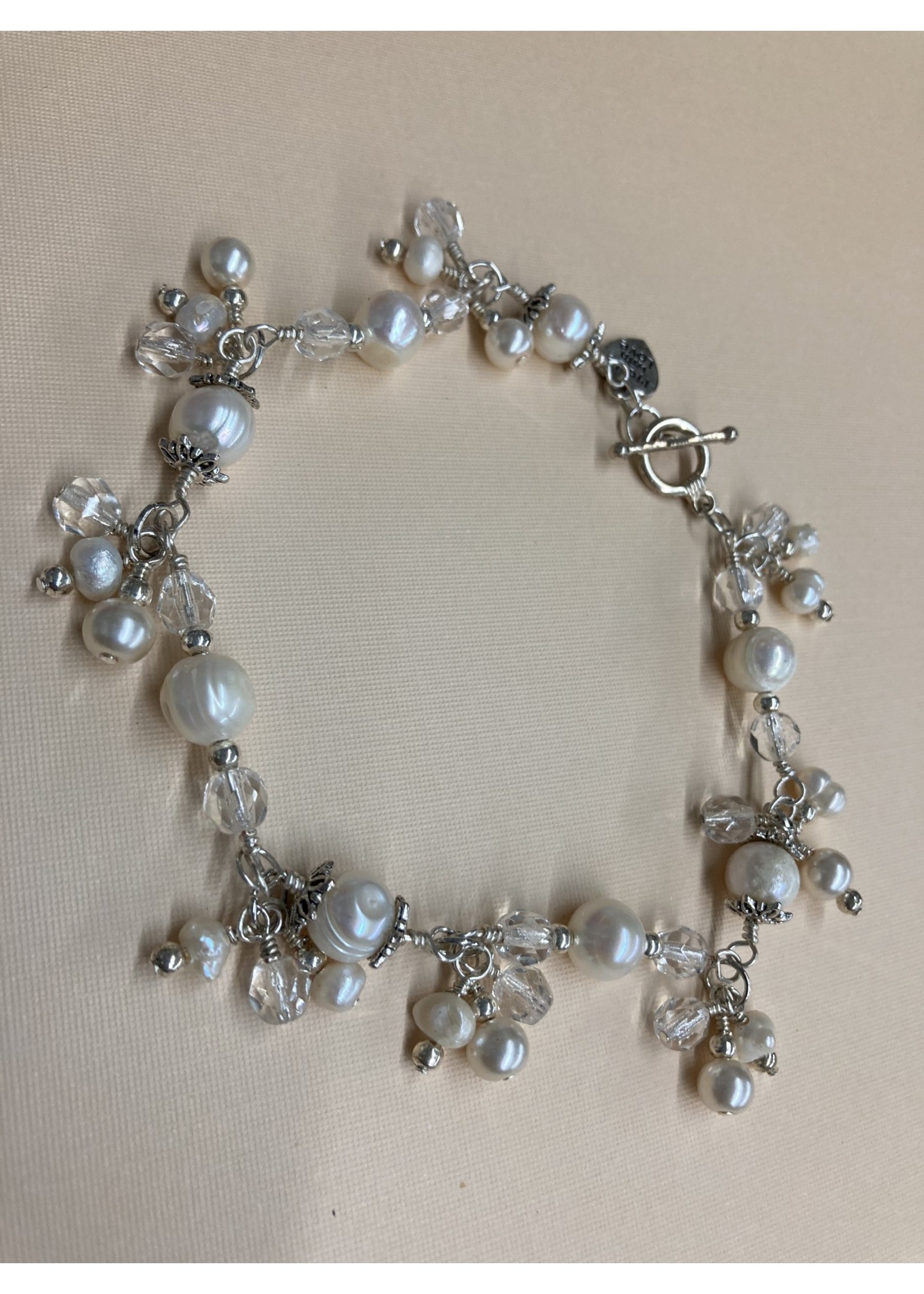 Our Twisted Dahlia B014 Freshwater Pearls with Clear Crystals and Silver Accent Bracelet