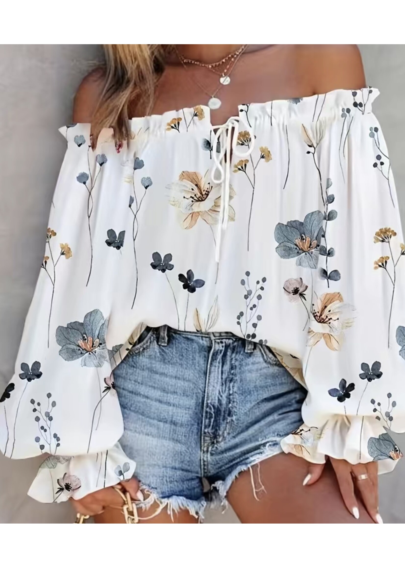 Daisy Mae White Blouse with Blue Flowers