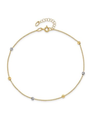 14K Two-Tone Polished Diamond Cut Beaded Anklet