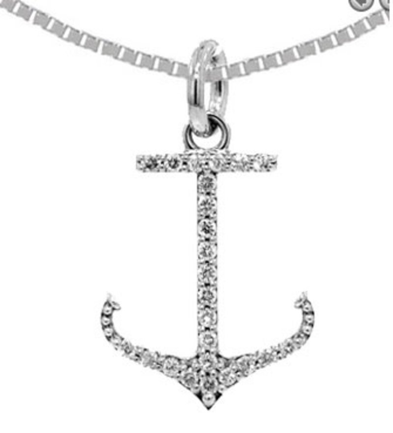 14K White Gold Diamond Anchor Pendant 