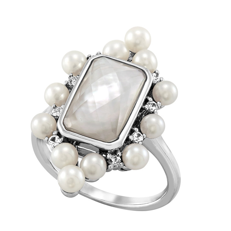 Sterling Silver Mother of Pearl and White Sapphire Ring