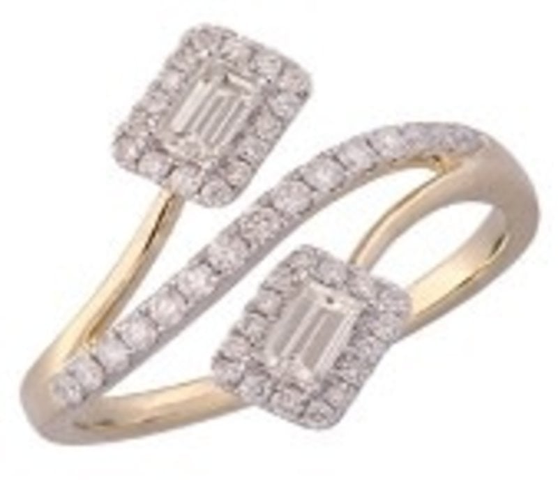 14K Two Tone Baguette and Pave Diamond Bypass Ring