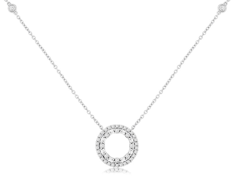14K White Gold Pave and Baguette Diamond Circle Stations Necklace