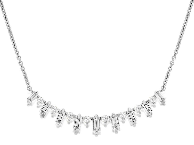 14K White Gold Pave and Baguette Diamond Curved Bar Necklace