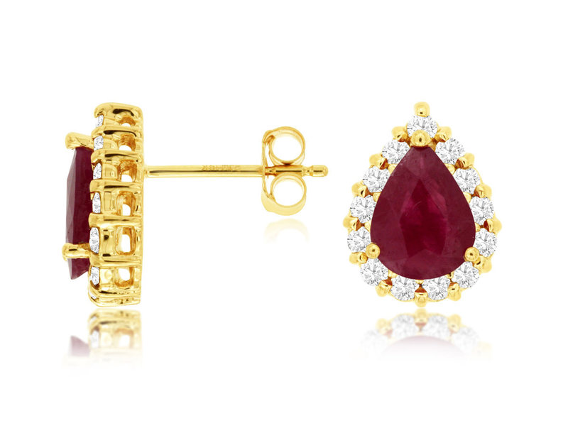 14K Yellow Gold Pear Shaped Rubies with Diamond Halo Earrings