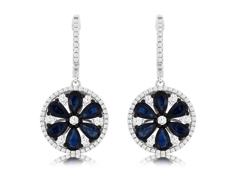 14K White Gold Sapphire and Diamond Flower Design Earrings