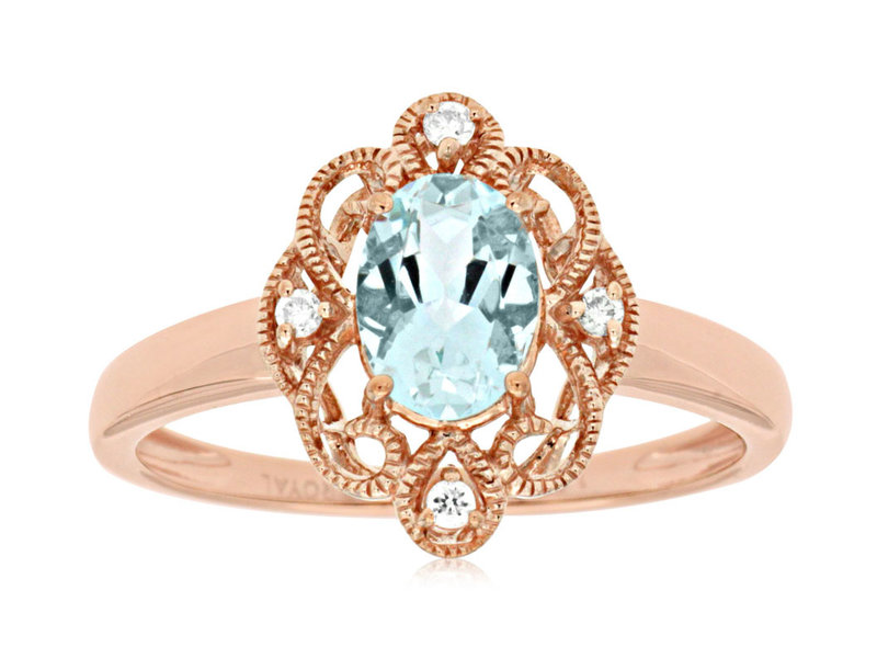 14K Rose Gold Oval Aquamarine and Diamond Vintage Inspired Ring