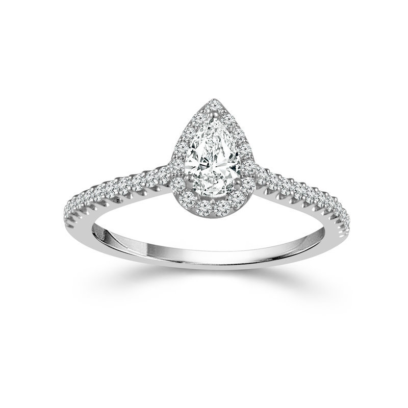 14K White Gold Pear Diamond with Halo Engagement Ring