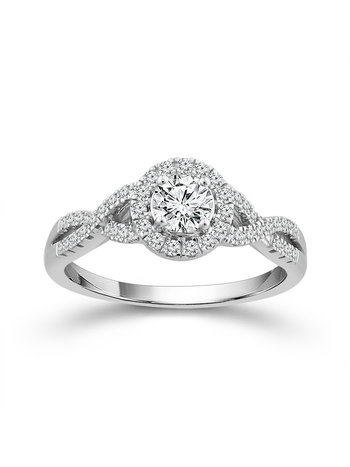 14K White Gold Round Brilliant Diamond with Halo and Twisted Shank Engagement Ring