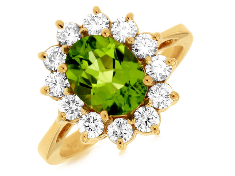 14K Yellow Gold Oval Peridot and Halo Ring
