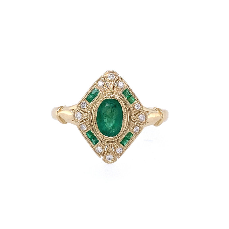 14K Yellow Gold Vintage Inspired Emerald and Diamond Ring