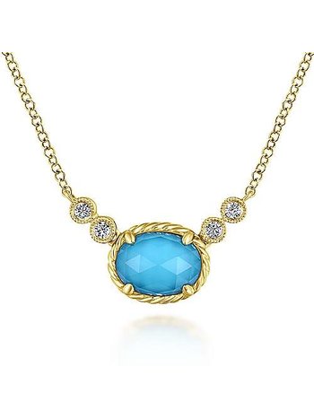 14K Yellow Gold Oval Rock Crystal/Turquoise and Diamond Pendant Necklace