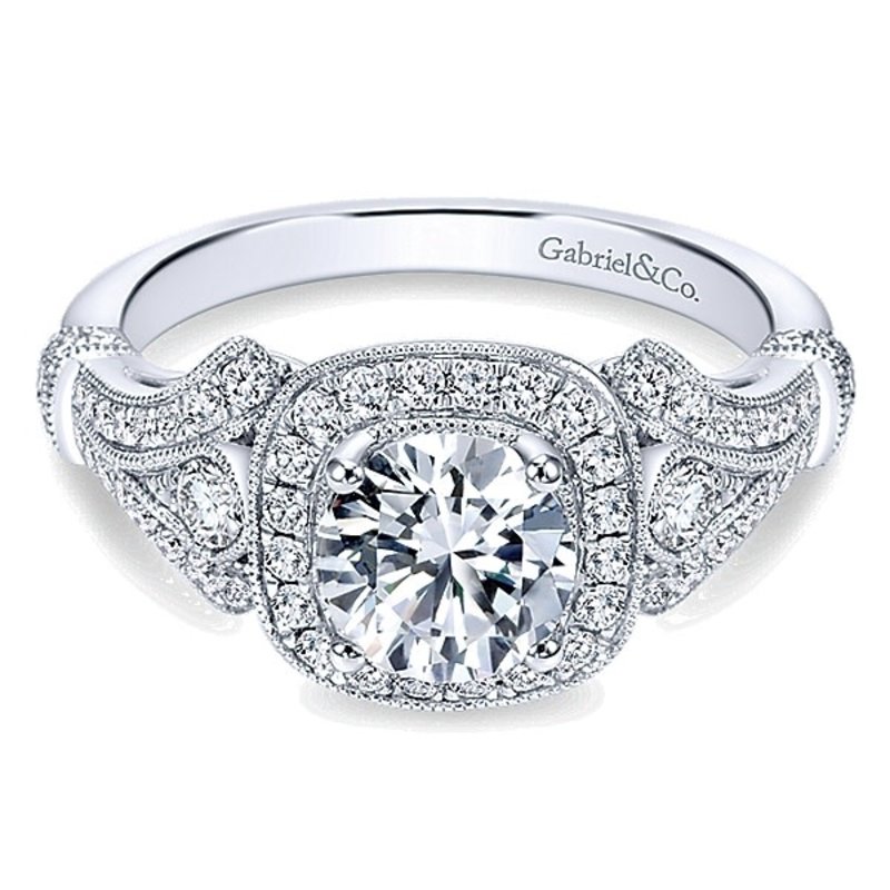 Gabriel & Co. Vintage Inspired 14K White Gold Cushion Halo Round Diamond Engagement Ring