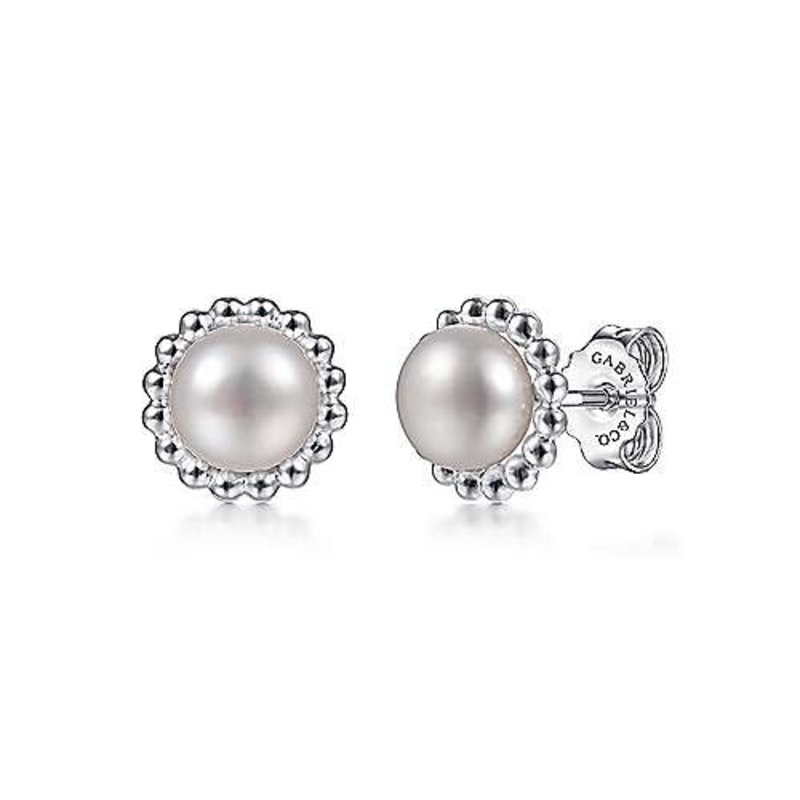 Sterling Silver Pearl with Beaded Frame Stud Earrings