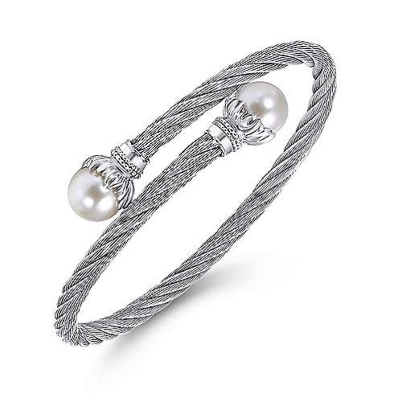 Gabriel & Co. Sterling Silver and Twisted Cable Stainless Steel Cultured Pearl Bypass Bangle