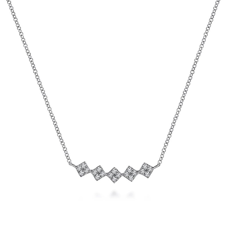 Gabriel & Co. 14K White Gold Square Station Diamond Pave Curved Bar Necklace