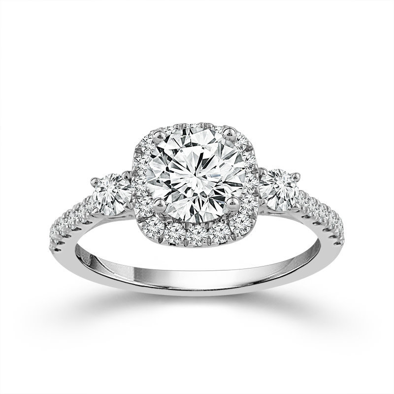 14K White Gold Three Stone Halo Engagement Ring