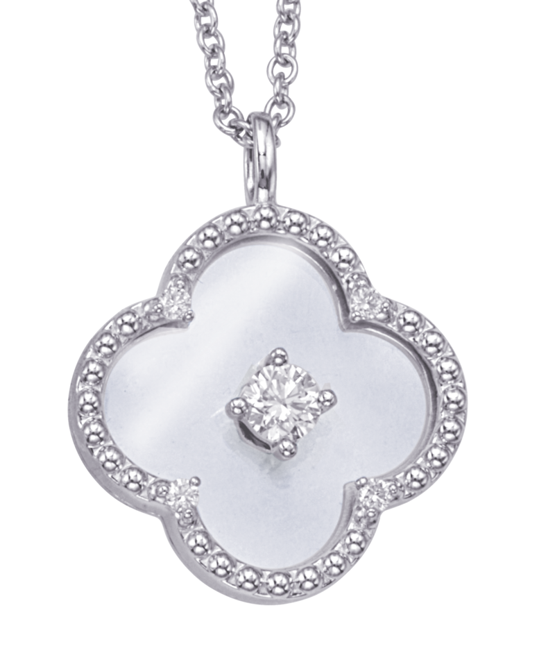 14K White Gold Diamond Clover Crystal Medallion Necklace
