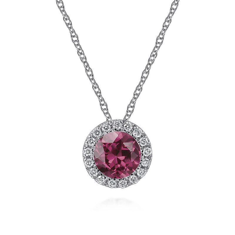 14k White Gold Diamond Halo Pink Tourmaline Pendant Necklace