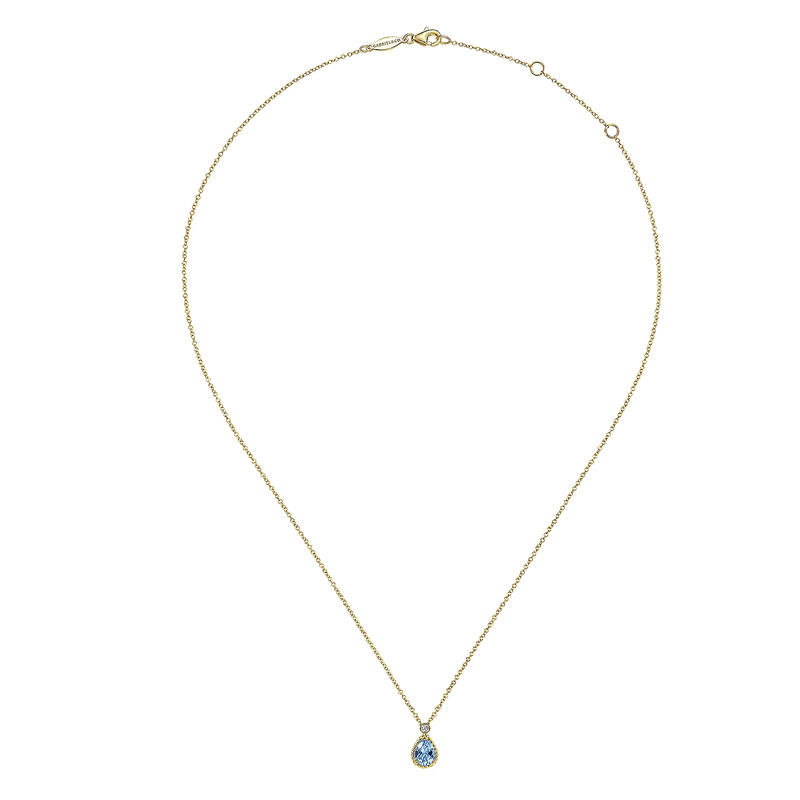 14K Yellow Gold Pear Shape Blue Topaz Pendant Necklace with Bezel Set Diamond