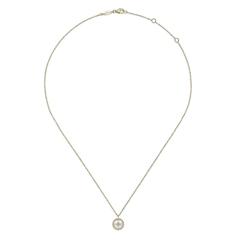 14K Yellow Gold Round Pearl Pendant Necklace with Bujukan Beaded Frame
